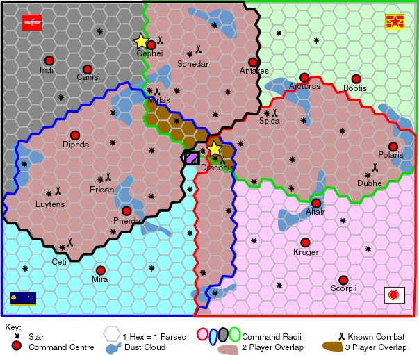 Map of current events showing combat at Cephei and Draconis